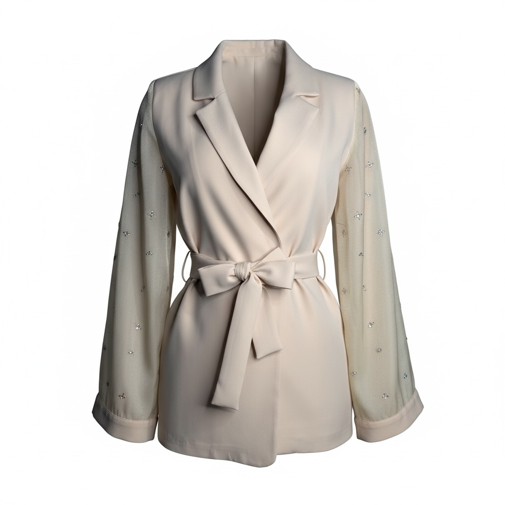 Elegant Long Jacket with Stone Details