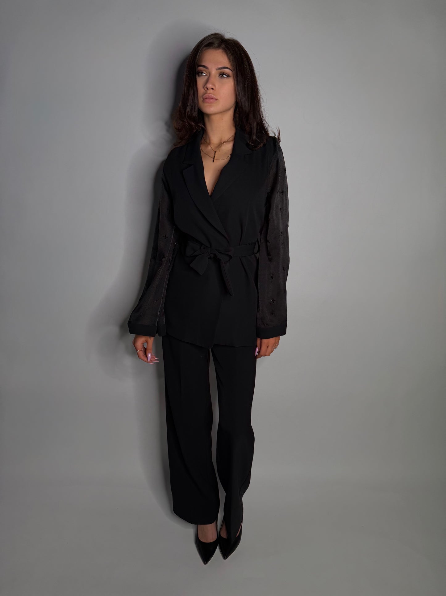 Elegant Long Jacket with Stone Details