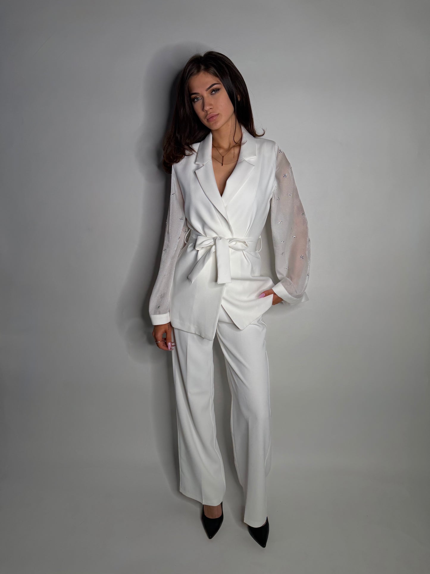 Elegant Long Jacket with Stone Details