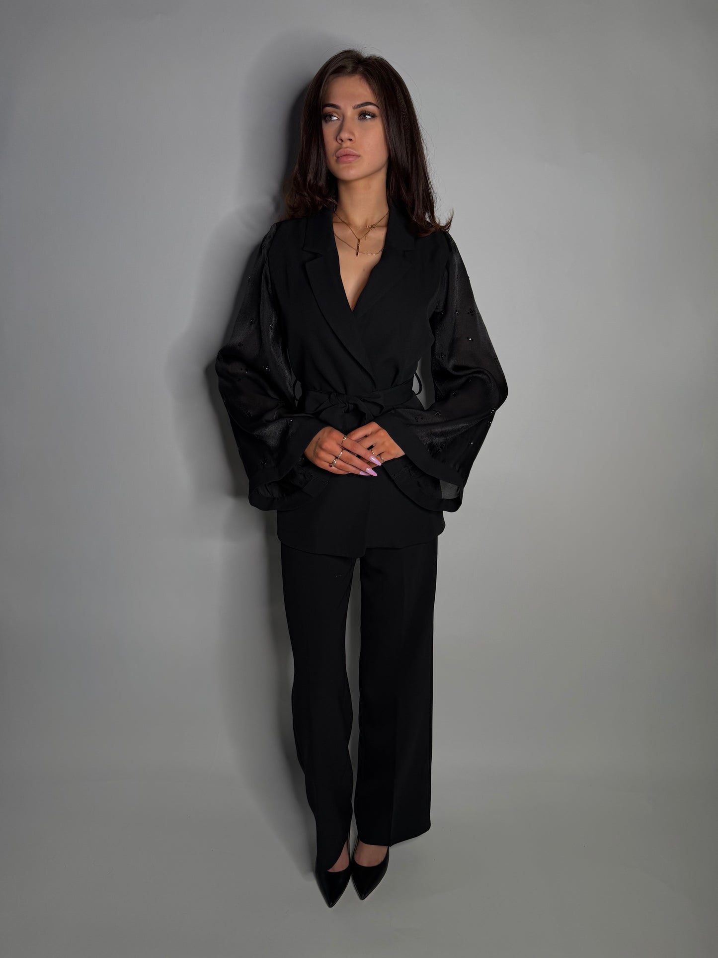 Elegant Long Jacket with Stone Details